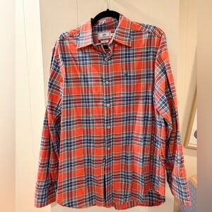Southern Tide Men's Coral and Blue Plaid Button Down Shirt